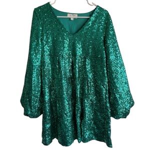 Peach Love California Green Sequin Tiered V-Neck Babydoll Dress Size Small